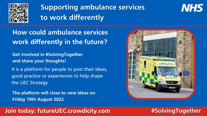 How could ambulance services work differently in the future? 🚑   
 
Have your say help shape the Urgent and Emergency Care (UEC) strategy 💡  

Share your ideas, votes &amp; comments on the platform here➡️futureUEC.crowdicity.com  

Let's keep #SolvingTogether!

#ProjectA
