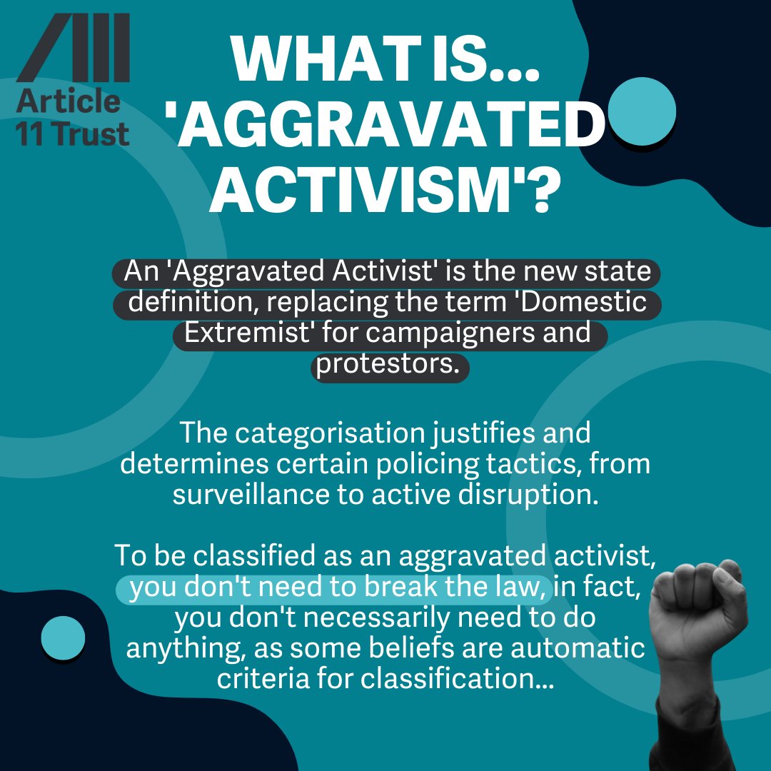 article11trust's tweet photo. Ever taken part in or organised civil disobedience or direct action: a sit-in, blockade, strike or boycott? 

'Aggravated Activist' is the new 'Domestic Extremist' label for activists. Read more about how campaigners are categorised and policed:

https://t.co/tBvosH2gmL https://t.co/VcXp56VQ4M