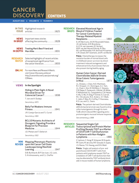 ElizSMcKenna's tweet photo. The August issue of @CD_AACR is now online! The cover highlights work by @EldaGrabocka and colleagues @KimmelCancerCtr @JeffersonUniv establishing a stress granules as a key feature and unique vulnerability of obesity-associated #pancreaticcancer https://t.co/DT2RYCajCX https://t.co/cC0aCiYvLZ