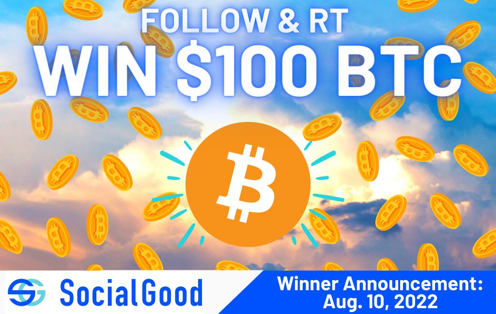 🌞 Win $100 in $BTC 🌞
Just 1⃣Follow &amp; 2⃣RT
for a chance to win $100 worth of #Bitcoin for our 50th RT/Share #Giveaway!
You could be the 50th one to win big! 💰
We'll tag the lucky winner on Aug. 10.

Use the SocialGood App for more free crypto:
📲socialgood.inc/?id=mwPN7i