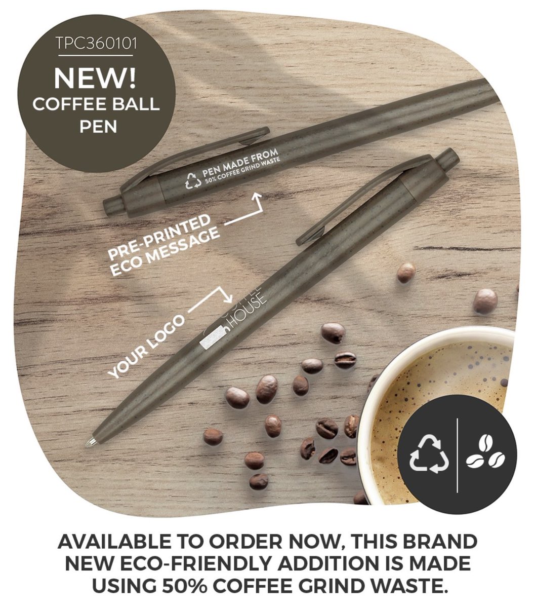 Coffee Ball Pen!! Available to order now. This new eco-friendly addition is made using 50% coffee grind waste #ecofriendly #eco #ecoliving #exofriendlyproducts #exofriendlyliving #coffee #coffeelover #coffeegrind #coffeegrindwaste #savingourworld #savingourplanet