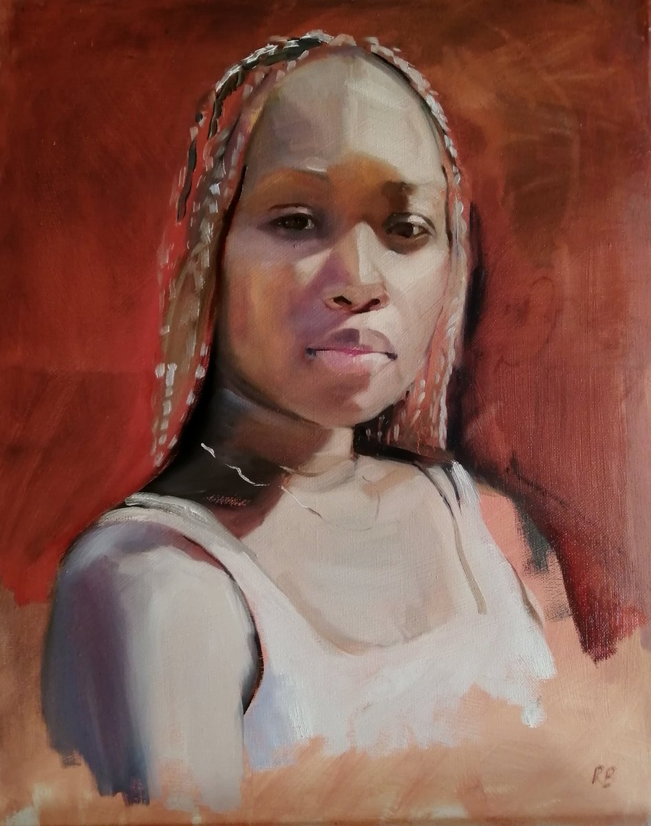 In the heat of the sun. Oil on canvas. rosemaryburnartist.com #portrait #contemporarybritishportraitpainting #contemporaryportrait #britishart #britishpainting #figurativepainting #artgallery #artcollector #britishart#britishpainting