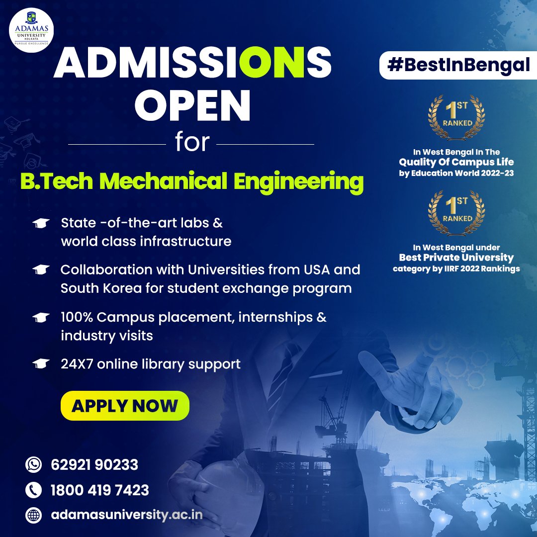 Mechanical Engineering at #AdamasUniversity equips students with expert knowledge and most sought-after skill sets. Apply now at bit.ly/AU_Admission_2…

#EducationPlus #engineering #mechanicalengineering #learning #university #BestinBengal