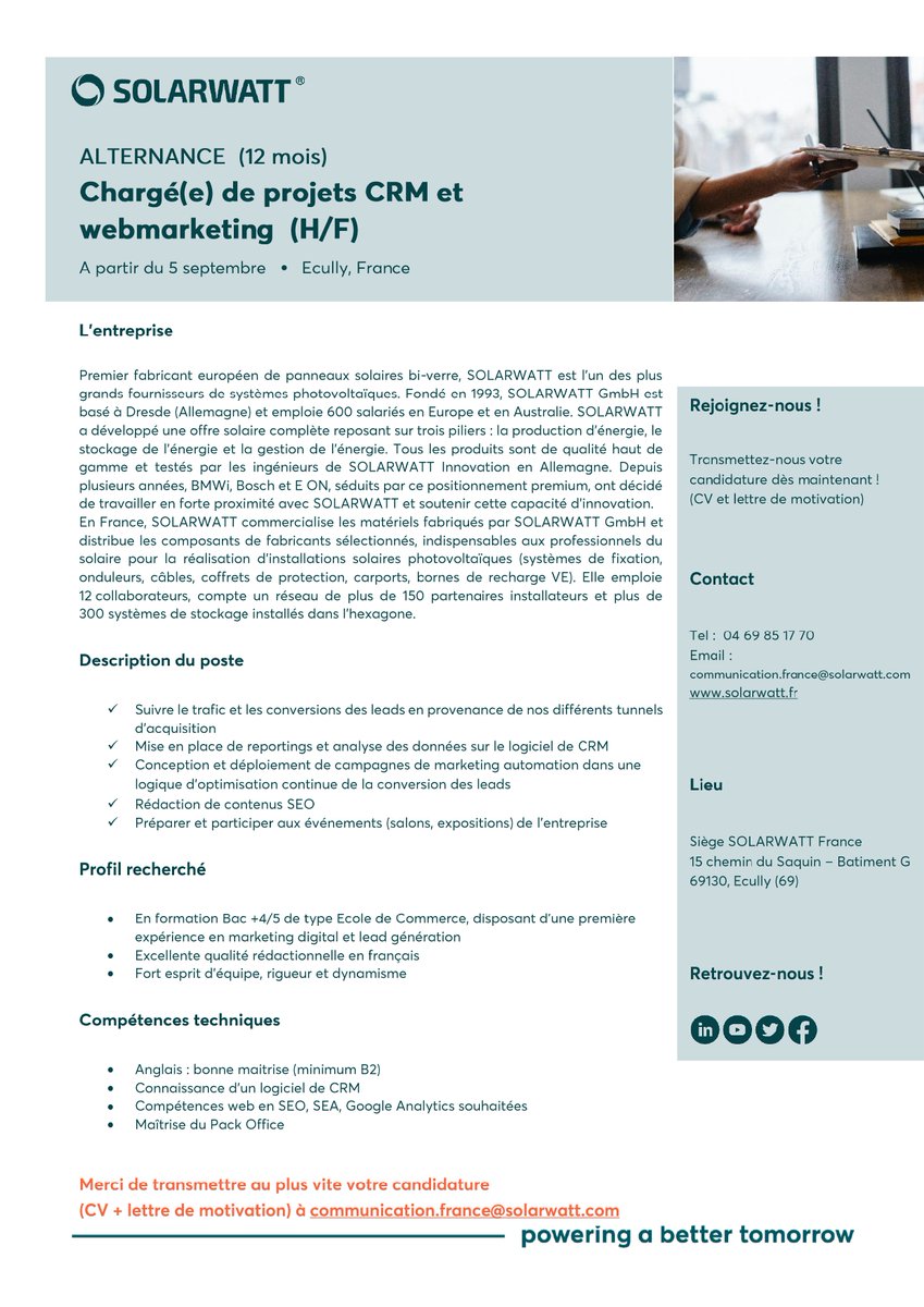 Vous souhaitez promouvoir l’énergie solaire auprès des professionnels et du grand public ?☀
L'équipe <a href="/SOLARWATTFrance/">SOLARWATT FRANCE</a> recrute un(e) alternant(e) CRM et webmarketing pour la rentrée 2022. 
📧Envoyez vos candidatures : communication.france@solarwatt.com 

#Alternance #Recrutement