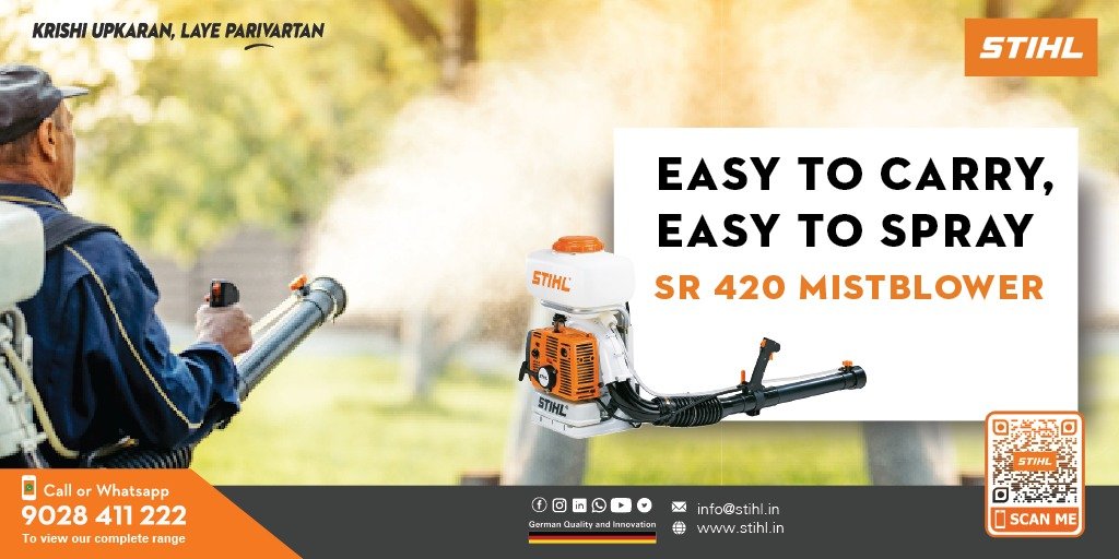 stihl_india's tweet photo. STIHL SR 420 - The powerful mistblower features a single-handed multi-function handle, anti-vibration technology, and shoulder straps making it easier to carry.
For more details, Call or WhatsApp : +91 9028 411 222
#STIHL #India #SR420 #mistblowers #MistBlower https://t.co/AGtIep9Lgh