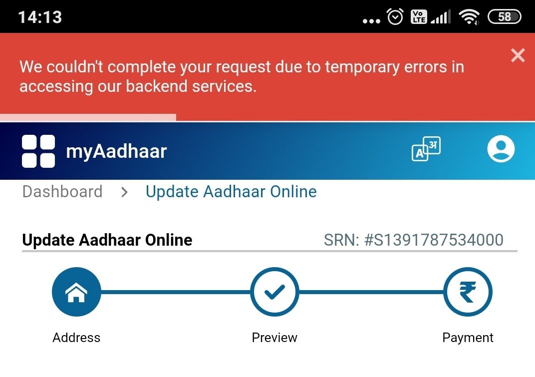 bala3gctit's tweet photo. @UIDAI @ceo_uidai I am not able to submit my address change from Aadhar website..Keep on getting technical issues..SRN S1391787534000 https://t.co/fMhEjBGWmD
