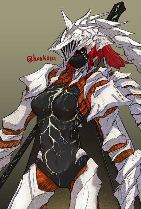 電閃騎士
身長1.9m
電閃(でんせん)。浮遊能力と雷を自在に操る能力のほか、背中から生えた2本の尻尾と帯電している槍が特徴的な血晶人。遠距離では雷や槍投げ、近距離では槍や尻尾を使った攻撃と全距離で隙がない万能タイプの騎士。 