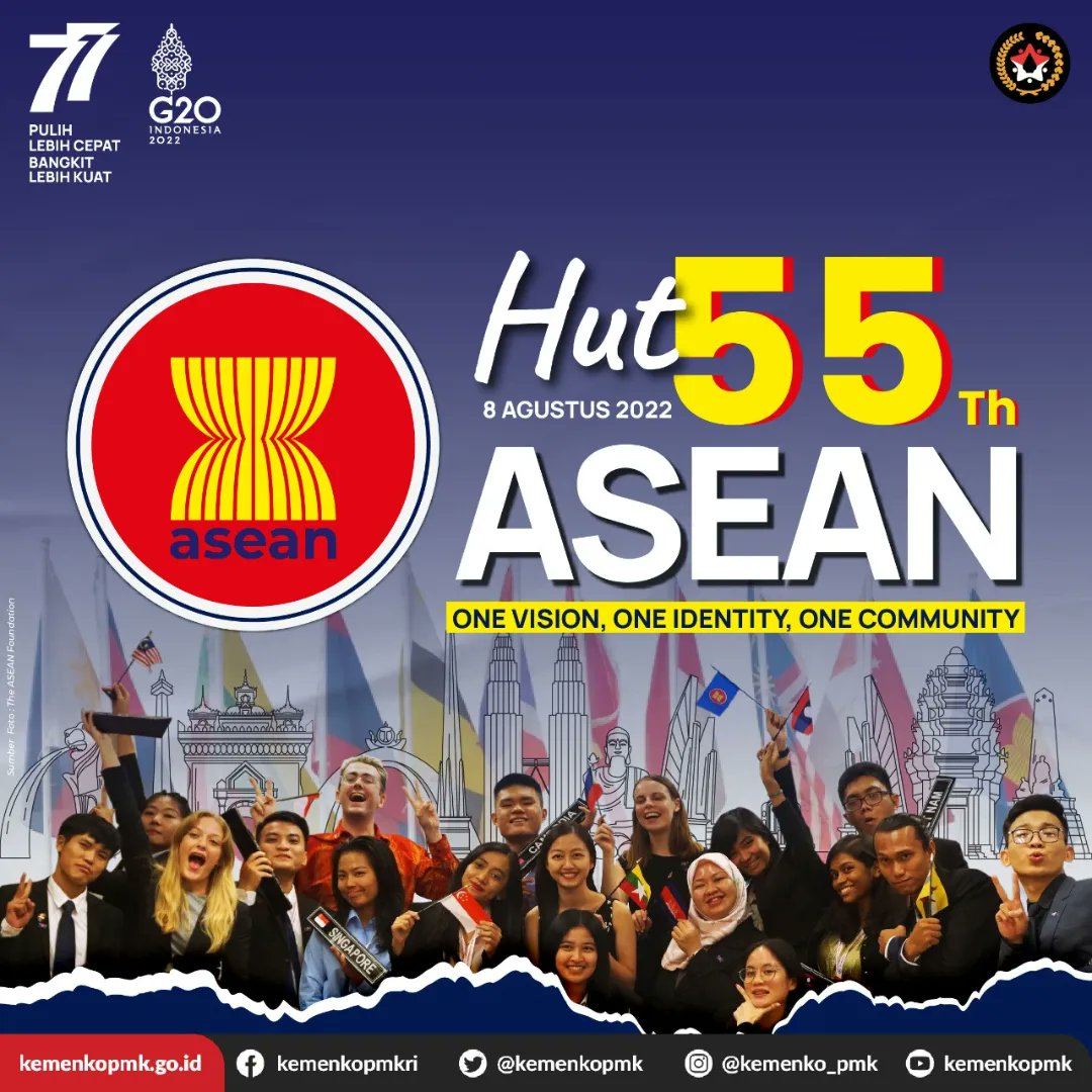 kemenkopmk's tweet photo. Selamat Memperingati Hari Ulang Tahun ASEAN ke-55 Tahun!
#SahabatPMK Tahukah kamu kalau ada 3 pilar di ASEAN, salah satunya pilar Sosial Budaya yang dikoordinasikan oleh Kemenko PMK.
#HappyASEANDay #aseanday #asean55 #KemenkoPMK #AyoBerubah #RevolusiMental #SDMUnggul https://t.co/GIQuf1CewM