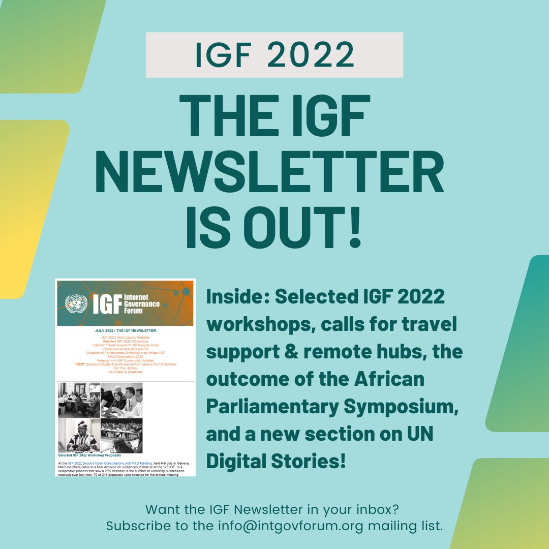 Selected workshops, intersessional news, open calls for IGF participants... and a new section on UN Digital Stories❗️ All this & more, from the past month & looking ahead in our newsletter. 

🌄July Newsletter | bit.ly/3zHTd4L

#NetGov #IGF2022 #ResilientInternet