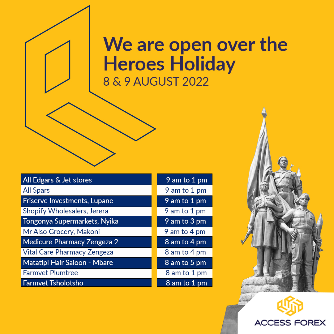 accessforex_com's tweet image. Remembering our gallant sons and daughters. Happy Heroes Day Zimbabwe.
We are open over the Heroes Holiday.