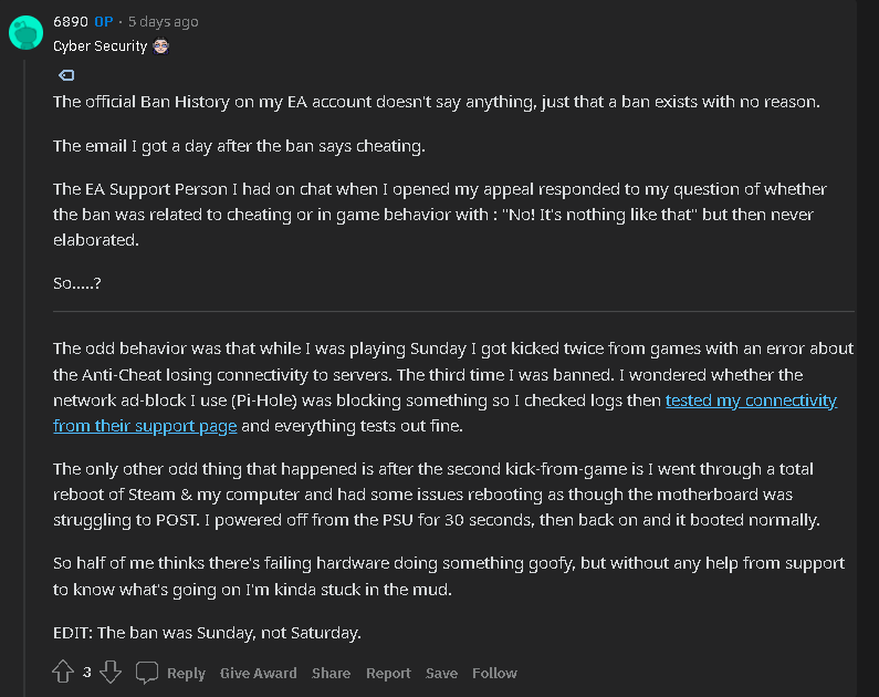 Grrted's tweet photo. Apparently, Respawn's Anticheat has been catching a lot of false positives due to connection dropping and straight-up banning people &amp; support will not help. 
https://t.co/EFrIbpYet3
https://t.co/ySIHvYscmW
https://t.co/2ZqdAvENeO
https://t.co/KvFAJmwWvV
@RSPN_Hideouts https://t.co/10yHmmX5Pe