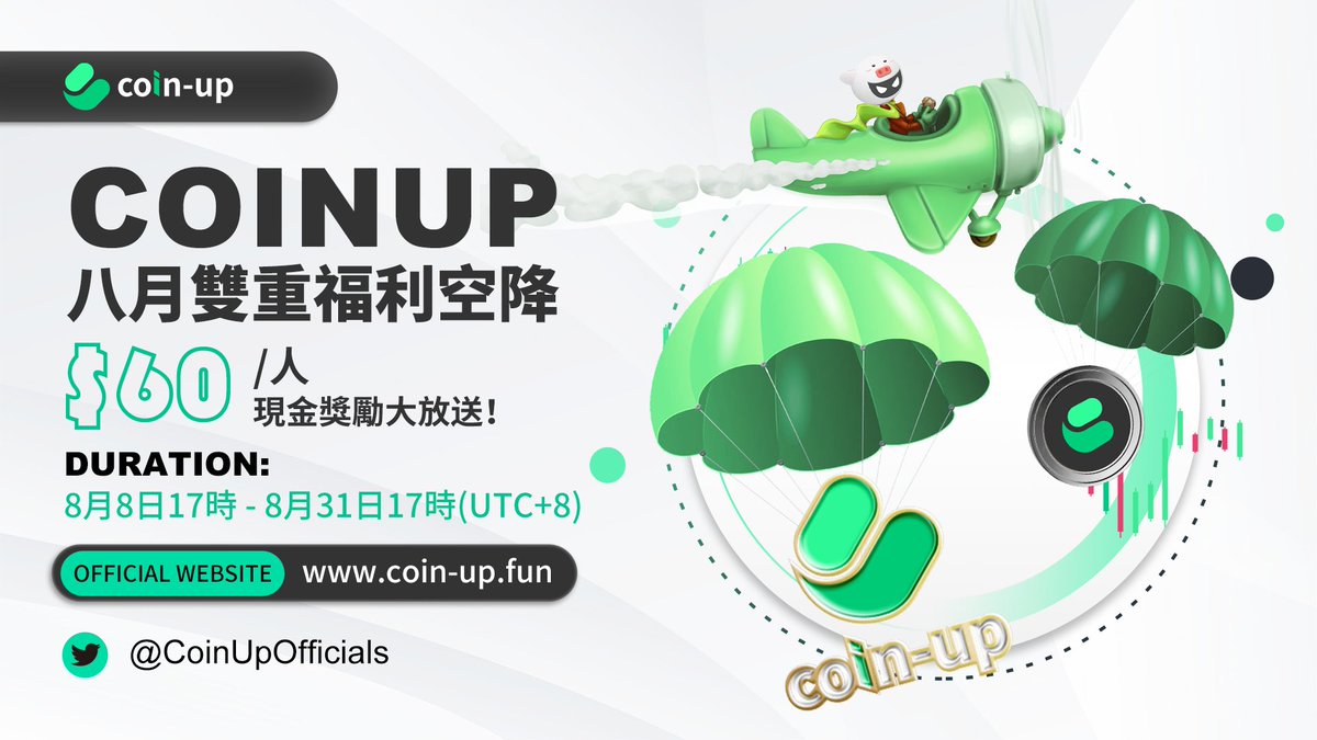 🔥CoinUp Double Rewards to #Airdrop, $60 Cash for Each
🔥CoinUp 8月雙重福利空降, $60/人現金獎勵大放送

⏰Duration: 5pm, 8th Aug - 5pm, 31th Aug (SGT)

🏆Enter
1⃣️Like and RT the pinned
2⃣️Complete the tasks and fill the form below
➡️馬上參與：forms.gle/6hziPRtzzUQSFy…