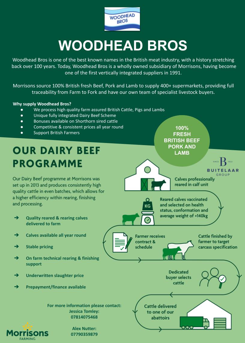 Are you looking for security in the Beef finishing sector? 
Why not become a Morrisons Dairy Beef finisher with Woodhead Bros?

The benefits are:
🌟Competitive underwritten contracts 
🌟Finance options 
🌟Consistent milk or reared calves 
🌟High quality health
