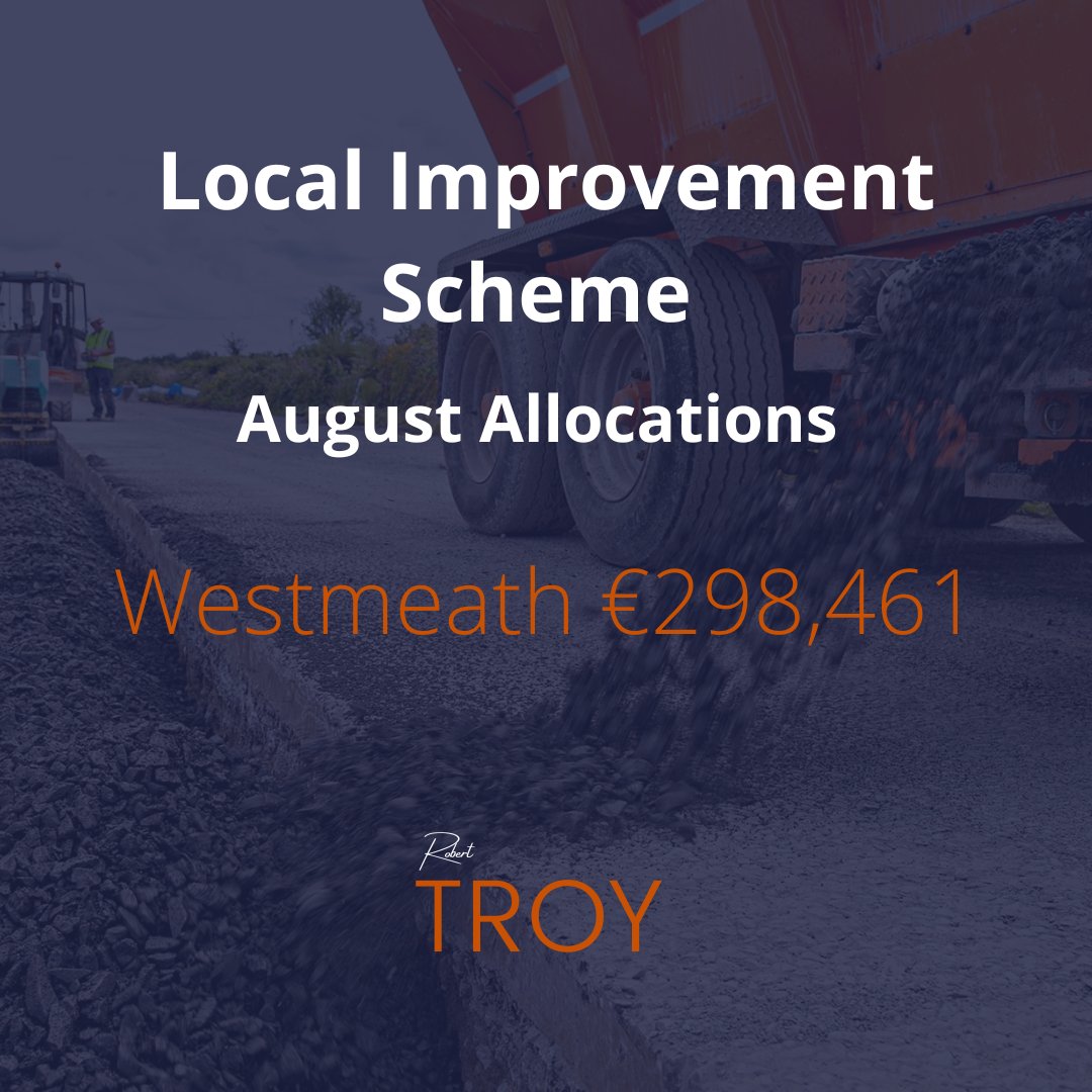 Robert Troy TD (@roberttroytd) on Twitter photo Pleased to confirm that Government funding for the Local Improvement Scheme has been doubled to a total of €22m today. This scheme supports the improvement of non-public roads and lanes such as providing access to people’s homes, farms and outdoor amenities. <a href="/HHumphreysFG/">Heather Humphreys</a> Pleased to confirm that Government funding for the Local Improvement Scheme has been doubled to a total of €22m today. This scheme supports the improvement of non-public roads and lanes such as providing access to people’s homes, farms and outdoor amenities. <a href="/HHumphreysFG/">Heather Humphreys</a>
