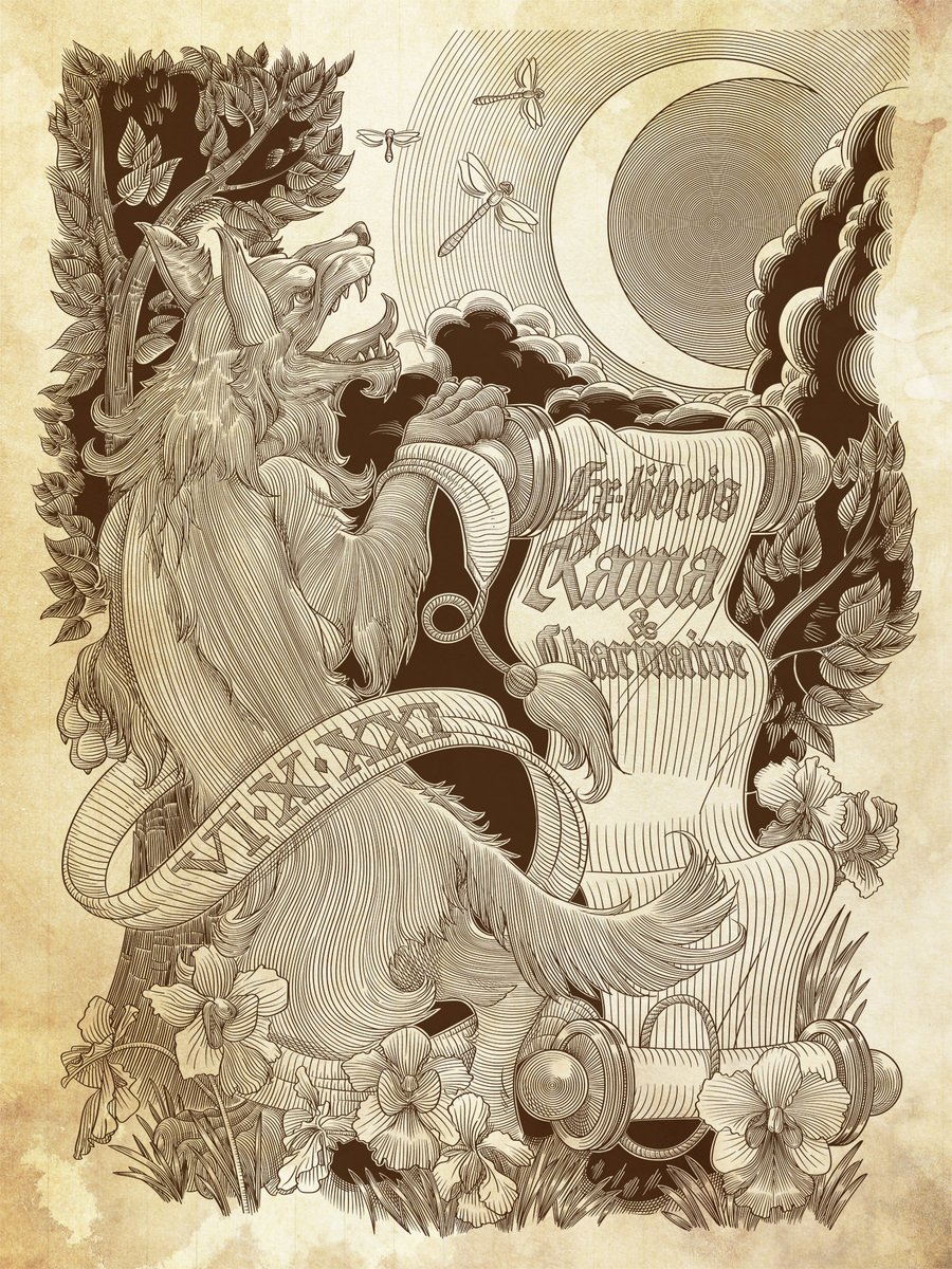 Inshader's tweet image. My new art work. Wolf, dragonfly, moon, orchids are elements of the customer&apos;s coat of arms.
