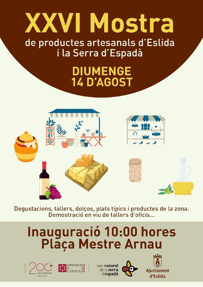 ajuntaeslida's tweet photo. 😍 La Plaça Mestre Arnau acollirà la XXVI Mostra de productes artesanals d’Eslida i la Serra d’Espadà 📆 Diumenge 14 d’agost ‼️ Us esperem ‼️ https://t.co/Rgr9wvX5HA