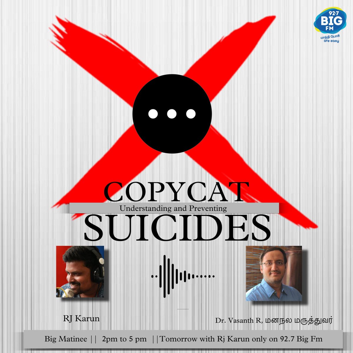 Join <a href="/vasanthreng/">Dr Vasanth R 🇮🇳</a> <a href="/fortis_hospital/">Fortis Healthcare</a> in a conversation on #SuicidePrevention with <a href="/RJ_Karun/">Rj Karun</a> on <a href="/bigfmindia/">BIG FM 92.7</a>
<a href="/bigfmindia/">BIG FM 92.7</a> tomorrow 2 to 5PM.

#MentalHealthAwareness 
#mindspace