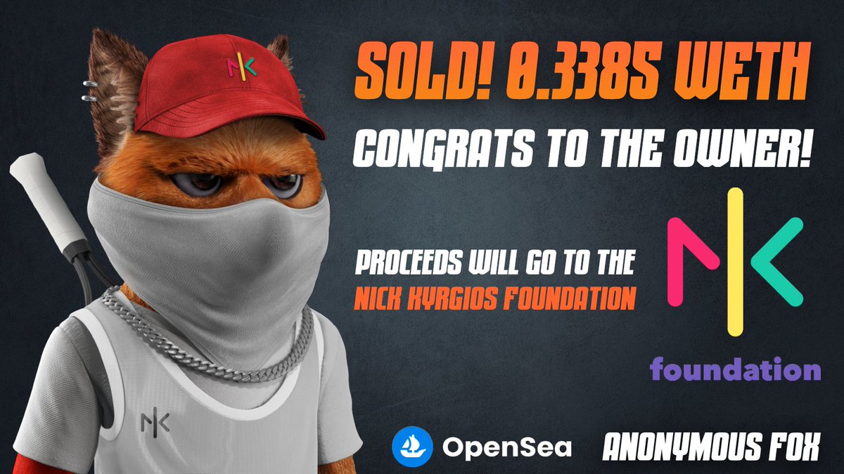 The auction of our 1/1 fox on #opensea for @foundation_nk just ended. Congrats to the new #AF 🦊owner. Big thanks ❤️to all who participated. Funds will go towards creating sporting opportunities for underprivileged children. Big thanks to @xkyrgios 🤝 #NFTCommunity #ETH #NFT