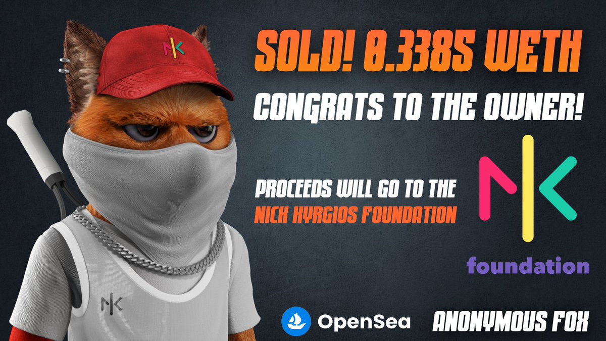 AnonymousFoxNFT's tweet photo. The auction of our 1/1 fox on #opensea for @foundation_nk just ended. Congrats to the new #AF 🦊owner. 

Big thanks ❤️to all who participated. 

Funds will go towards creating sporting opportunities for underprivileged children. Big thanks to @xkyrgios 🤝

#NFTCommunity #ETH #NFT https://t.co/OgNpQjoUa2