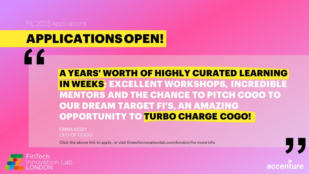 FinTechLabLDN's tweet image. 📣 Applications for #FIL2023 are now open! 📣
Emma Kisby, CEO of @Cogohq EMEA said that the #FinTech Innovation Lab delivered a "year's worth of highly curated learning in just weeks!" 📈
🔗Apply now: f6s.com/fintech-innova…
#Startup #Sustainability #Accelerator #Innovation