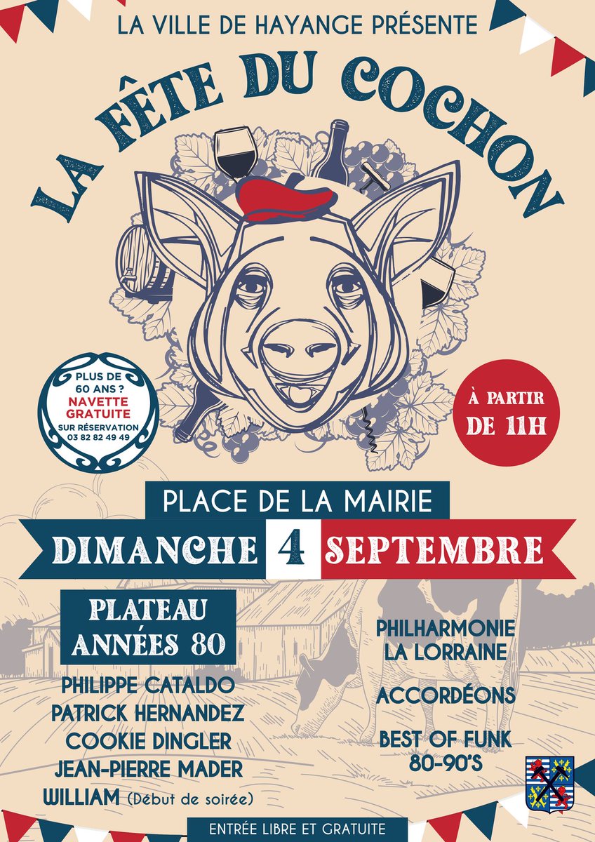 VilledeHayange's tweet photo. 🐷 LA FÊTE DU COCHON À HAYANGE - DIMANCHE 4 SEPTEMBRE 
La Fête du cochon revient pour sa 8e édition sur la place de l'Hôtel de Ville de 11h à 22h !
Comme chaque année depuis 2014, vous pourrez profiter avec vos enfants des animations, ludiques, foraines et artisanales ⤵️ https://t.co/l3GwnMPpSk
