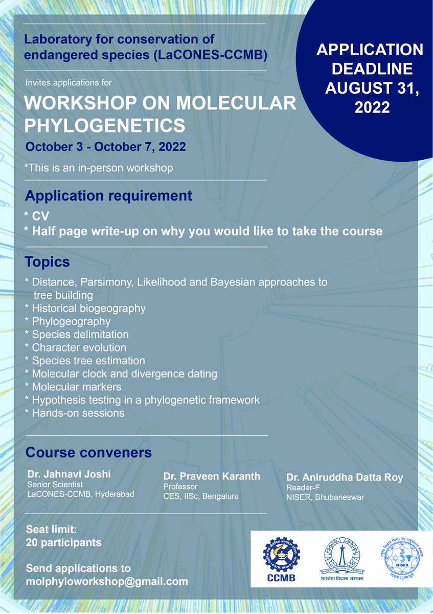 skinkomaniac's tweet photo. Interested in molecular phylogenetics and its applications? This is your one-stop shop to learn the basic principles of mol. phylogenetics and its applications in biology. This workshop consists of theory and hands-on practical sessions. Apply soon! See details below. Kindly RT! https://t.co/JKSun9o6uQ