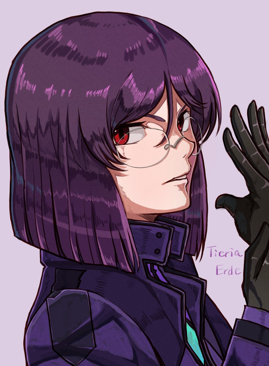 1boy male focus red eyes gloves solo purple hair glasses  illustration images