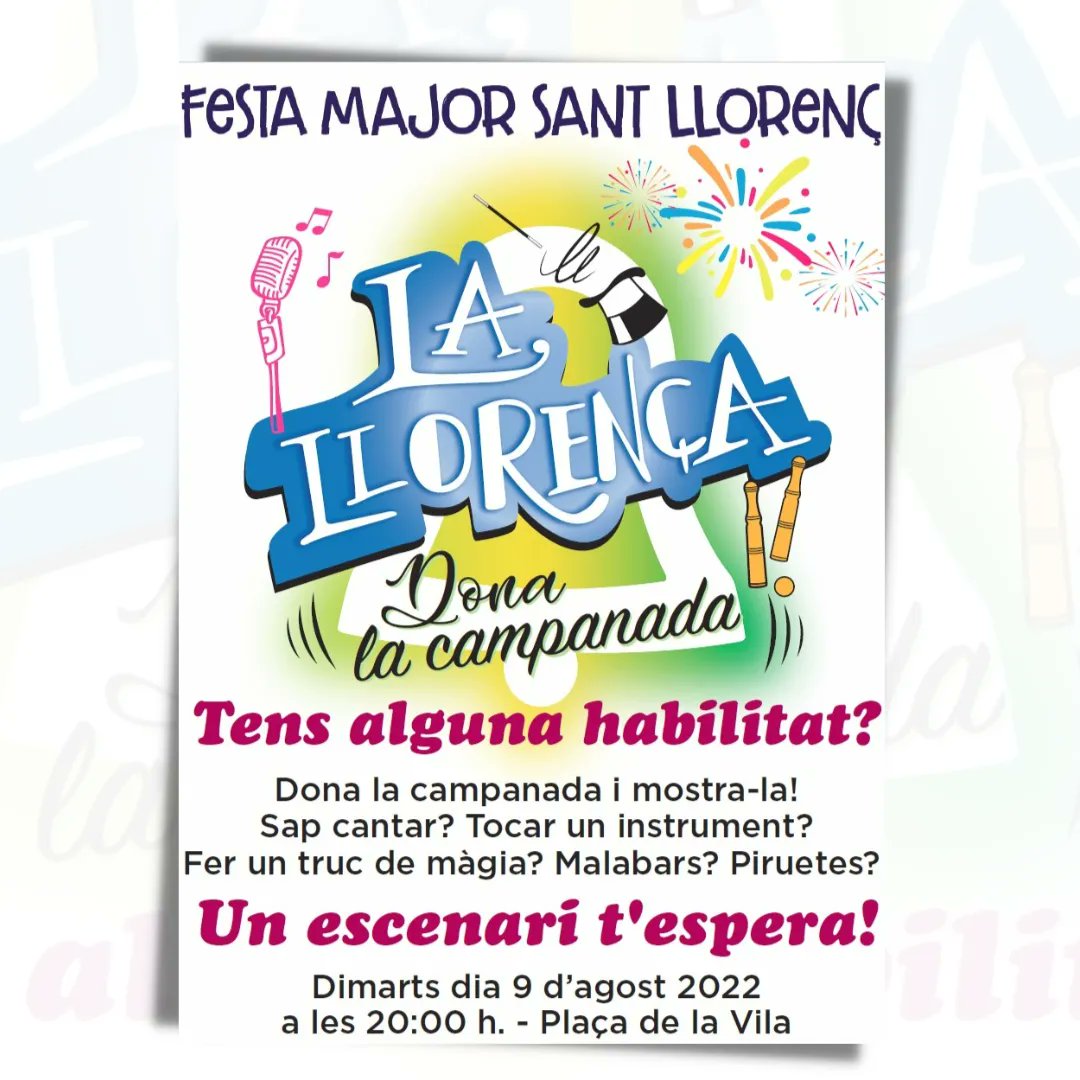 🤗Tens alguna habilitat? 💪Ja pots participar en la La Llorença. 
👇Registrat en el formulari buff.ly/3JAYfog 
@comifestamajorsantfeliu 
@calaixdesastresantfeliu
<a href="/ajsantfeliu/">Ajuntament de Sant Feliu de Llobregat</a> 
@senyiordre
<a href="/acfsantfeliu/">ACF Sant Feliu</a> 
<a href="/bisbatsantfeliu/">@BisbatSantFeliu</a> 
@xarxastfeliull 
#FestaMajor22
#FMSantFeliu22