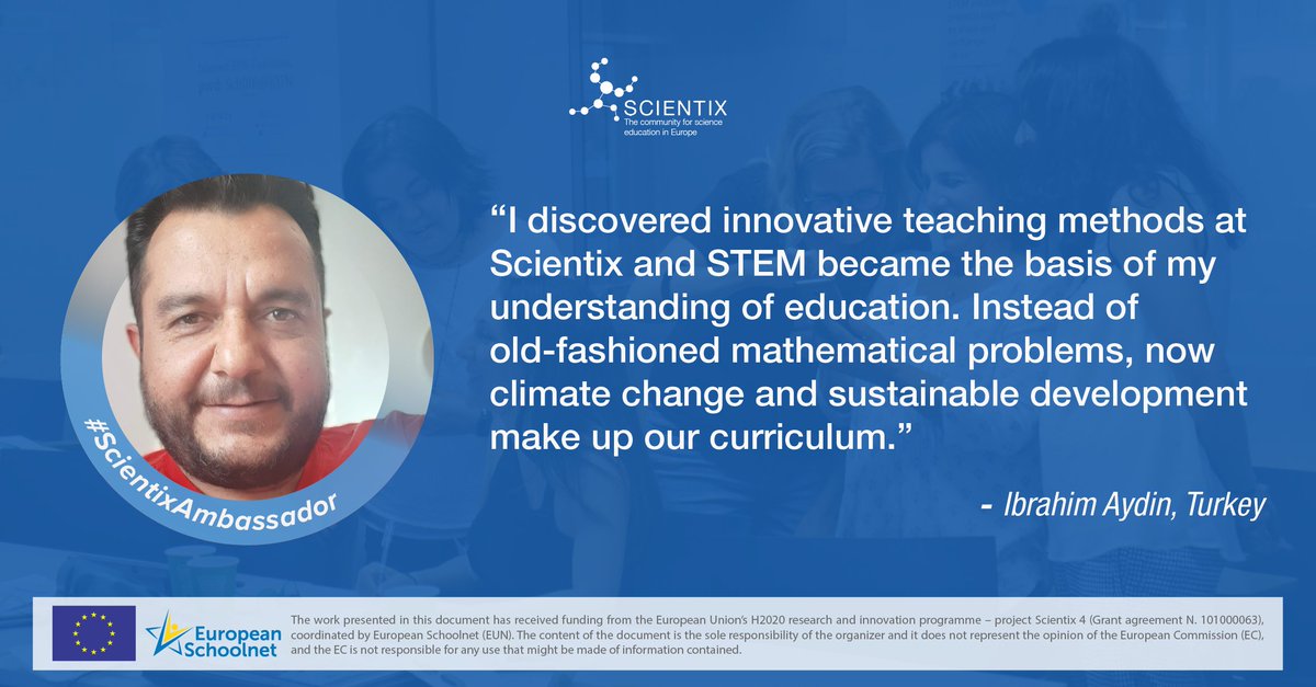 scientix_eu's tweet photo. 🔄 Thanks to the material on the #Scientix platform, Ibrahim Aydin (🇹🇷) could replace old-fashioned mathematical problems 🧮, with climate change and sustainable development topics in his curricula 😍
@conferocita
#ScientixAmbassadorVisibilityCampaign https://t.co/lDpcHtEfsz