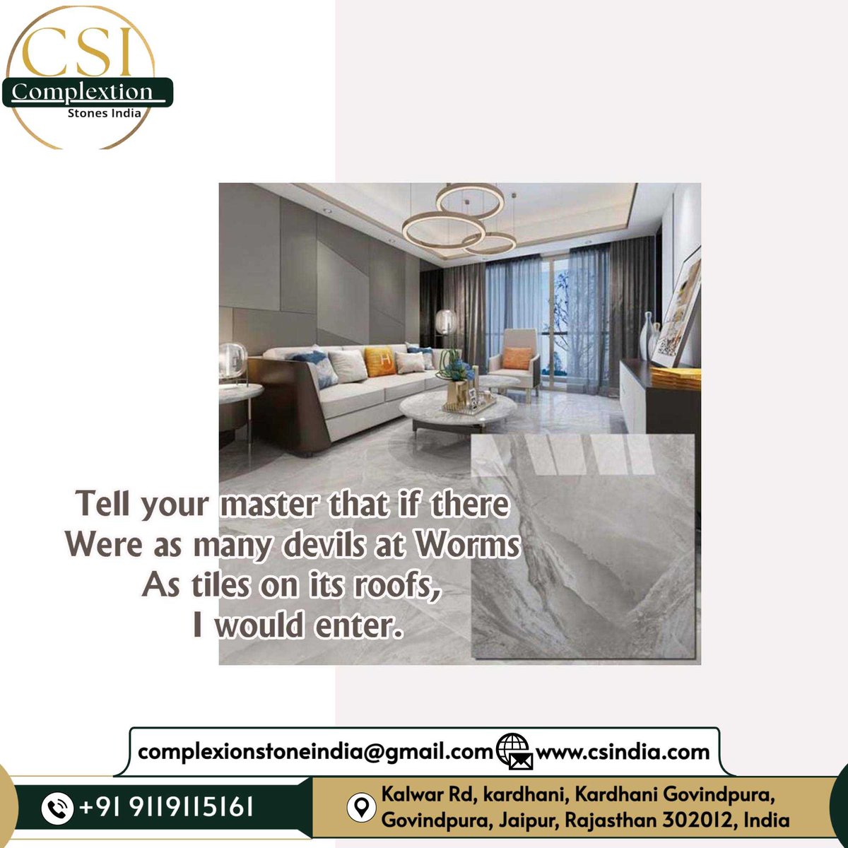 ComplexionIndia's tweet photo. Tell your master that if there were as many devils at worms as tiles on it's roofs,  I would enter. Available Export quality Ceramics tiles. 

#CsindiaBrand #ComplexionTiles #bestqualitystone #marbleexport #Tiles #ceramictiles #ceramicdesign #tilesmanufacturer #Ceramics #Export https://t.co/TUEv3QSyjf