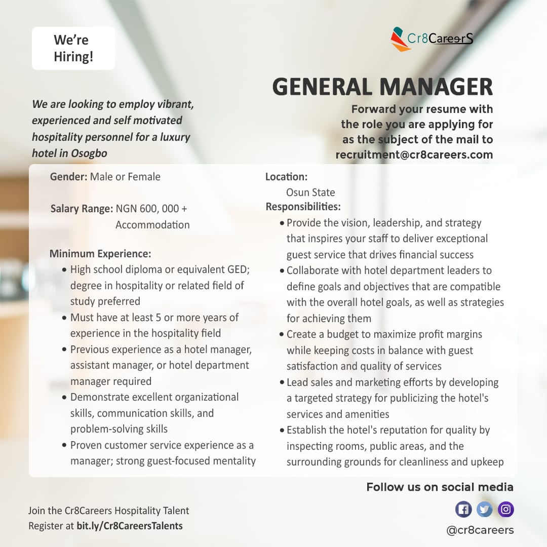 cr8careers's tweet photo. Join Cr8careers Hospitality Talents ⤵️
https://t.co/TfrmglDFGZ

#managerjobs #managerjob #adminjobs #generalmanagers #generalmanagerjobs #generalmanagerhotel #experiencedmanager #generalmanagerjob #recruitment #recruiting #hiring #jobsinnigeria #hotels #hoteljob #hoteljobs https://t.co/JcXlS7a6iK