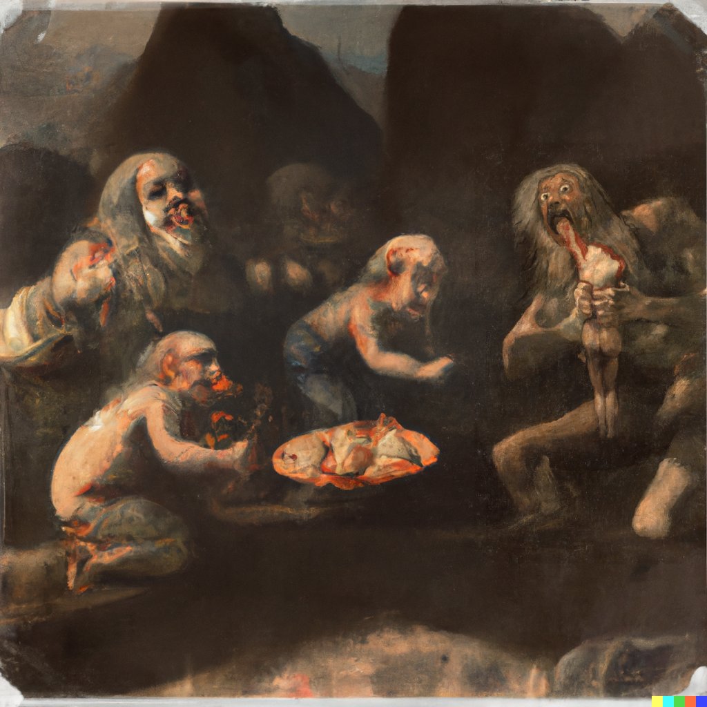 AdamJareh's tweet photo. The Black Paintings: Saturn Devouring His Son by Francisco Goya. 

Original image worked on is the first, Dalle 2 filled in the rest... 

All AI generated 🤯

#dalle2 #aigenerated #openaidalle #franciscogoya #openai https://t.co/6Bx7HZFjyi