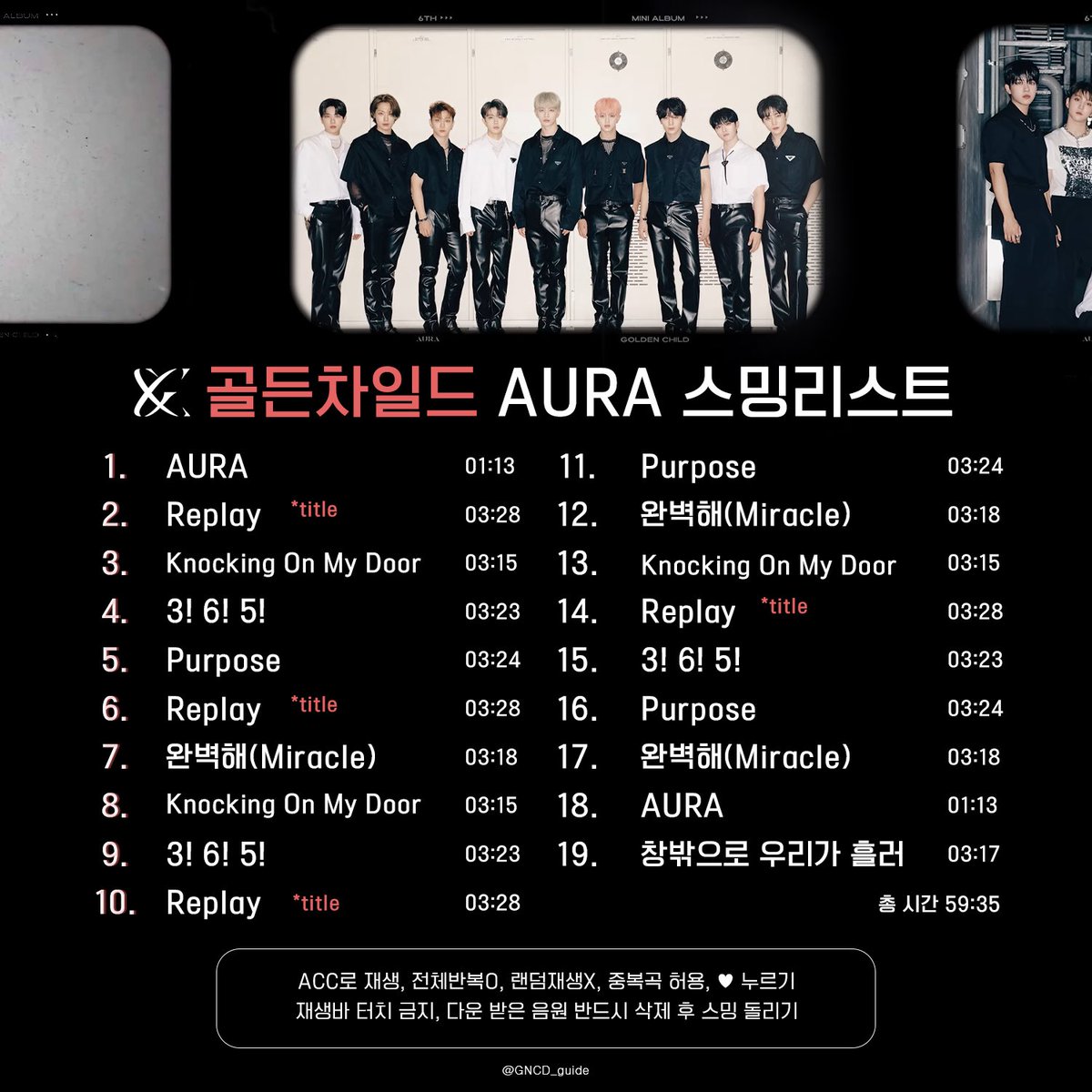⏩ 골든차일드 미니6집 AURA 스밍리스트

🎶 재생목록 비운 후, 가이드 참고해 스밍하기

⭐️ ACC로 재생, 전체반복O, 랜덤재생X, 중복곡 허용, ♥ 누르기, 재생바 터치 금지, 다운 받은 음원 반드시 삭제 후 스밍 돌리기 ⭐️

#골든차일드 #GoldenChild #골든차일드_AURA #골든차일드_리플레이를_플레이