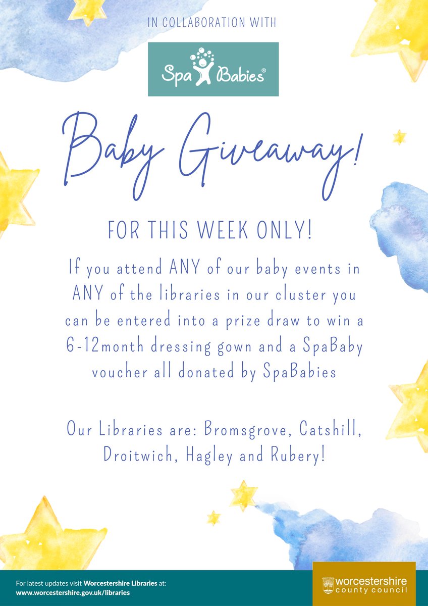 We have a bit of fun planned for this week! If you attend a baby activity in ANY of the libraries in our cluster you can be entered into a competition to win a gift donated by Spa Babies. To book your space please phone 01905 822722 or speak to a member of library staff.