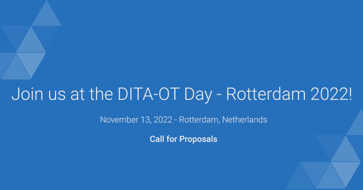 oxygenxml's tweet photo. 📡 As we are still in the process of setting up the agenda for DITA-OT Day 2022, we want to let you know that we are looking for speakers on subjects related to DITA-OT!
To submit your proposal, check out:
https://t.co/4CjG0loUgb
#dita #ditaotday #ditaot #oXygenXML https://t.co/uHZz9KE3GT