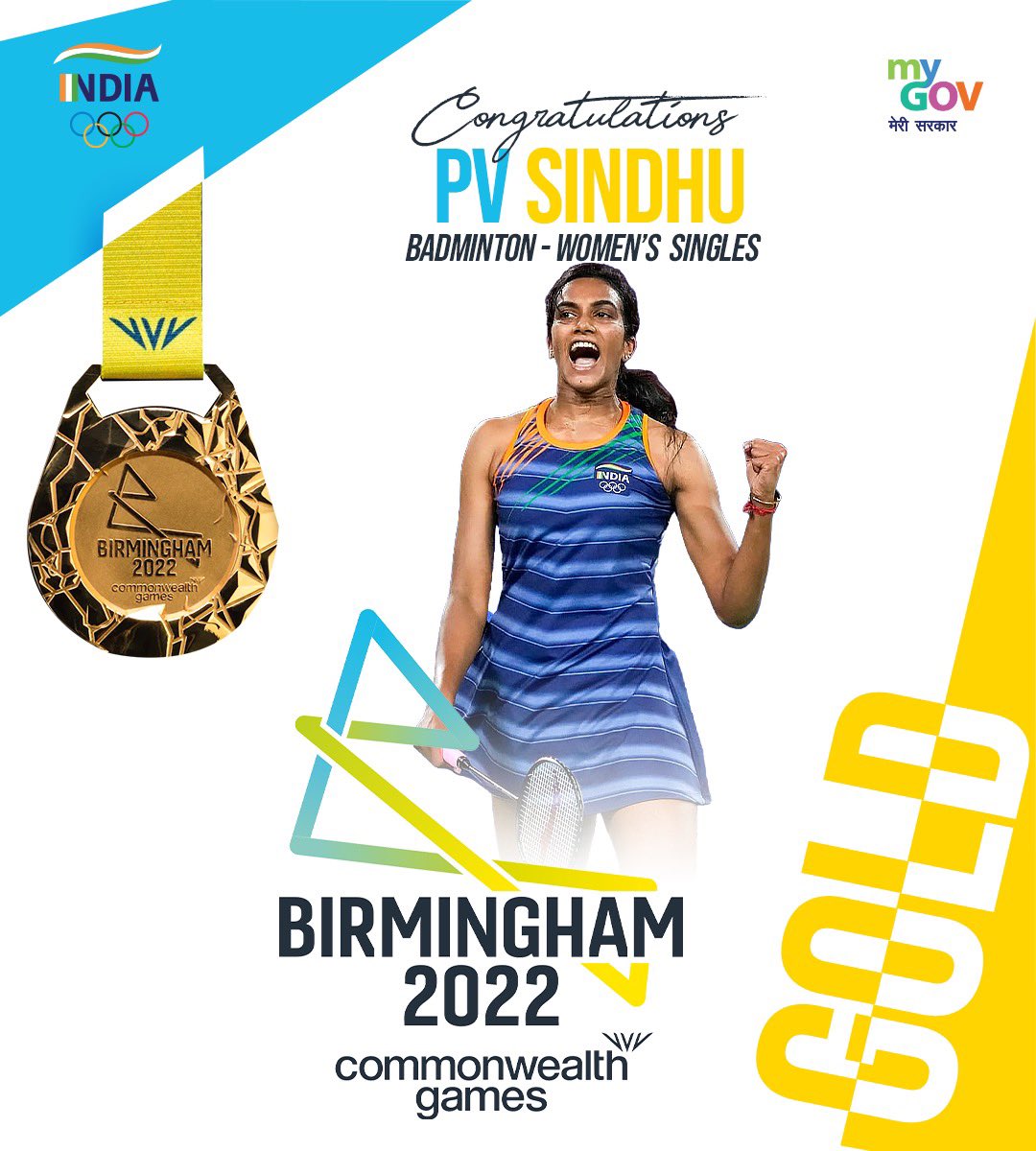 .@Pvsindhu1 🏸 the PRIDE of India🇮🇳 creates history by clinching 🥇 in #CWG2022 Birmingham.

Earlier she won 🥉 in CWG Glasgow 2014, 🥈 in CWG Gold Coast 2018 and now GOLD!

The nation congratulates Sindhu for making India proud once again.

#YuvaShakti #CheerForIndia