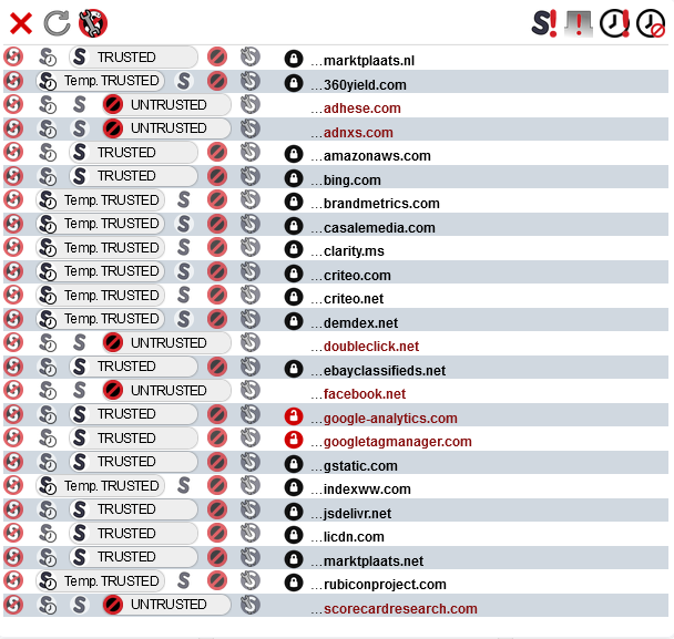 Ga je naar marktplaats.nl dan open je ondergronds al deze meuk. Daarom, gebruik NoScript. 

noscript.net
<a href="/ma1/">Giorgio Maone 🐘 @ma1@todon.eu</a> <a href="/noscript/">NoScript 🐘 noscript@mastodon.social</a> <a href="/marktplaats/">Marktplaats</a> #marktplaats #NoScript