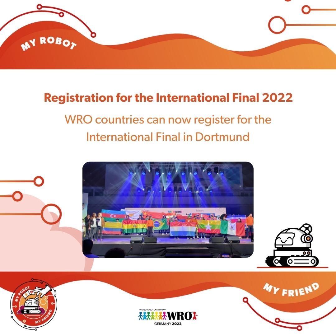 The International Final is coming closer! WRO countries can now register for our World Final in the WRO Tool. #wro2022de #wro2022 #myrobotmyfriend #worldrobotolympiad #WRO2022Germany