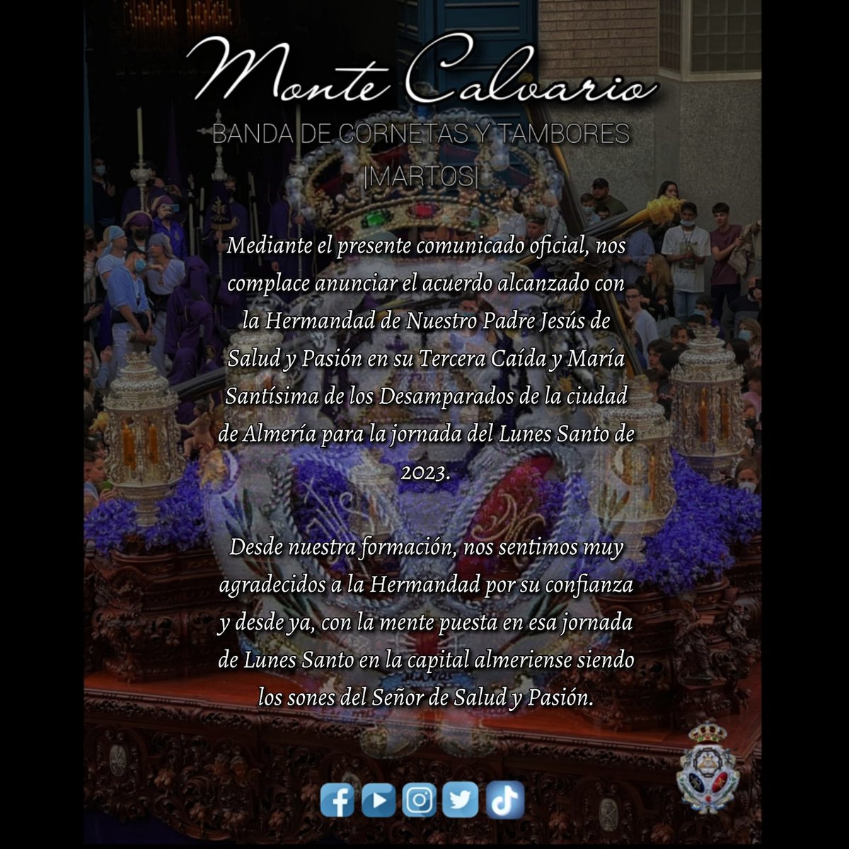 MonteCalvario_'s tweet photo. 📍[COMUNICADO OFICIAL]

Lunes Santo 2023

@PasionAlmeria

#MC23 #montecalvario #martos #pasion #almeria #musica #jaen #cofrade #semanasanta https://t.co/4M3lS4qIA6