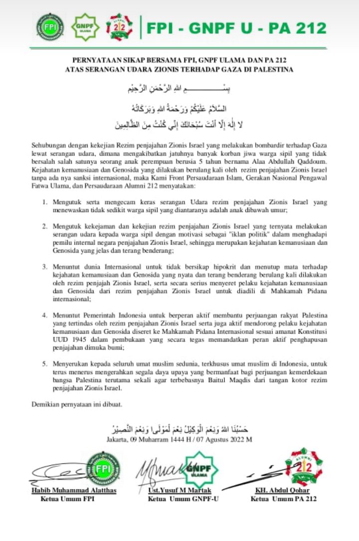 Raka_shiwie's tweet photo. Pernyataan sikap bersama FPI, GNPF Ulama, PA 212 atas serangan udara zionis terhadap Gaza di Palestina https://t.co/7eQT0dzl6C