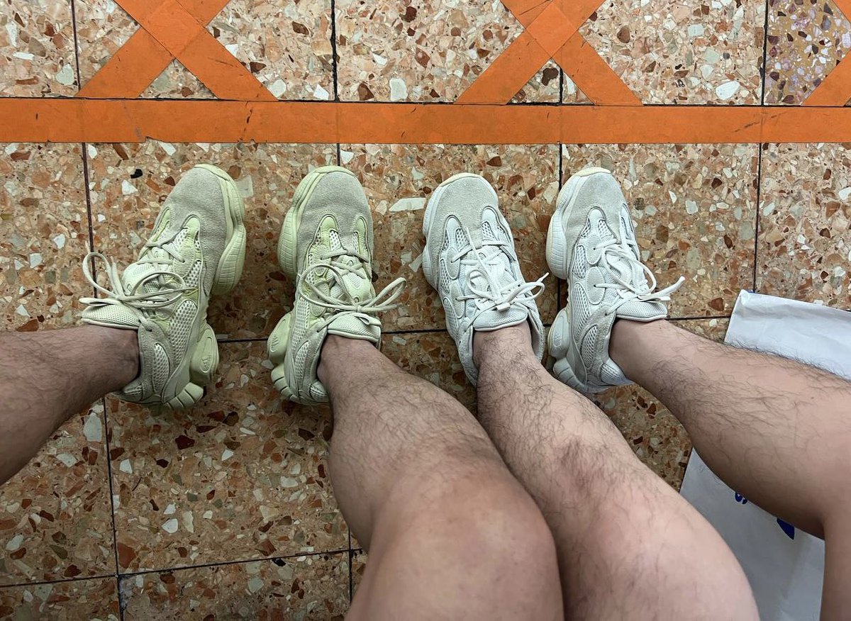 sneaker1069's tweet photo. Meeting new Twitter friends who also have sneaker fetish, and exchange our yeezy 500 to match our outfit. @bigboy_171 https://t.co/iDbj9G0pbE