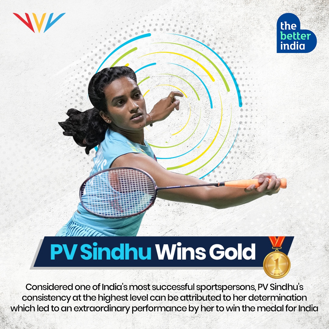 thebetterindia's tweet image. India shuttler PV Sindhu lived up to her billing of event favourite as she brushed aside Michelle  in the final to clinch CWG 2022 women’s singles gold medal.
@Pvsindhu1  @birminghamcg22 

#CWG2022India #CommonwealthGames2022 #Birmingham22 #thebetterindia #PVSindhu #goldmedal