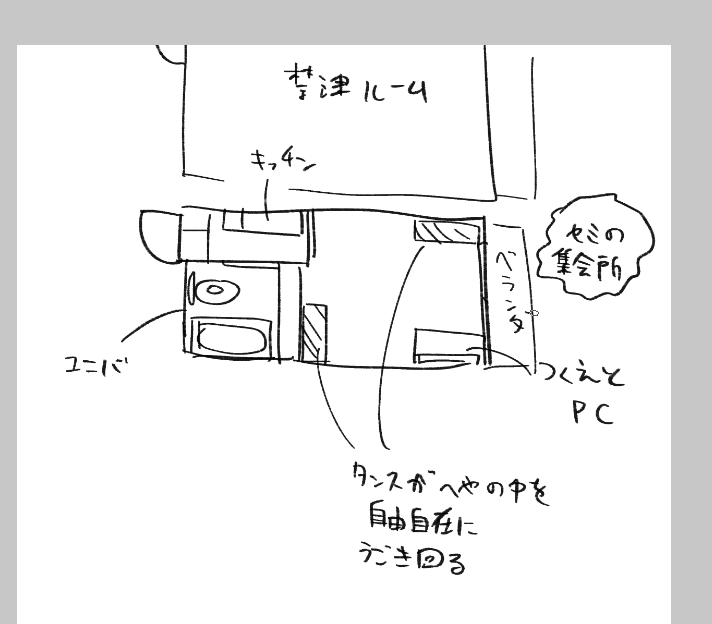 だいたいこういうイメージで描いてるけどたまに禁津さんの部屋が脳内で逆サイドになったりする(天変地異?) 