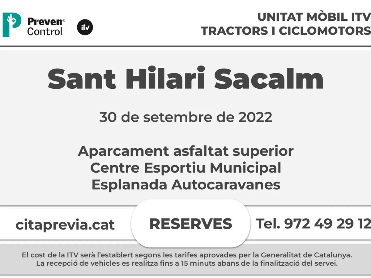 GMSacalm's tweet photo. 🚜 Tindrem un punt mòbil ITV per a tractors, remolcs i ciclomotors el 30 de setembre a l’aparcament de la zona esportiva

📞 Les persones interessades en fer la revisió del seu vehicle han de fer reserva prèvia

#itv #prevencontrol #santhilarisacalm https://t.co/pnmHgJMT32