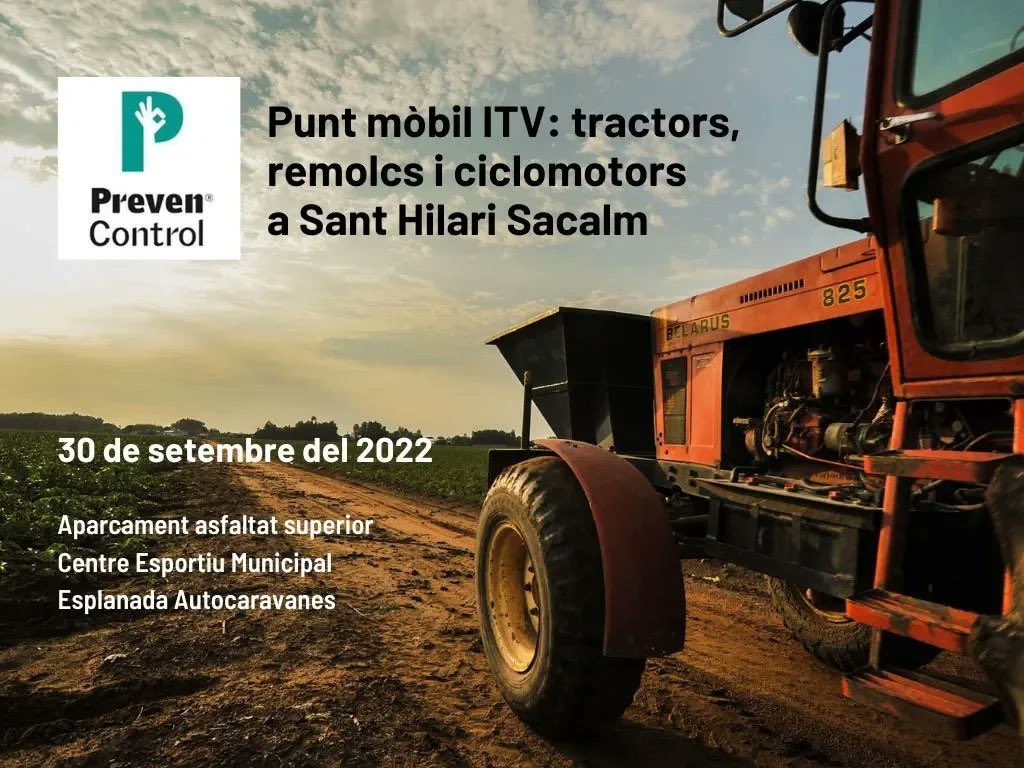 GMSacalm's tweet photo. 🚜 Tindrem un punt mòbil ITV per a tractors, remolcs i ciclomotors el 30 de setembre a l’aparcament de la zona esportiva

📞 Les persones interessades en fer la revisió del seu vehicle han de fer reserva prèvia

#itv #prevencontrol #santhilarisacalm https://t.co/pnmHgJMT32