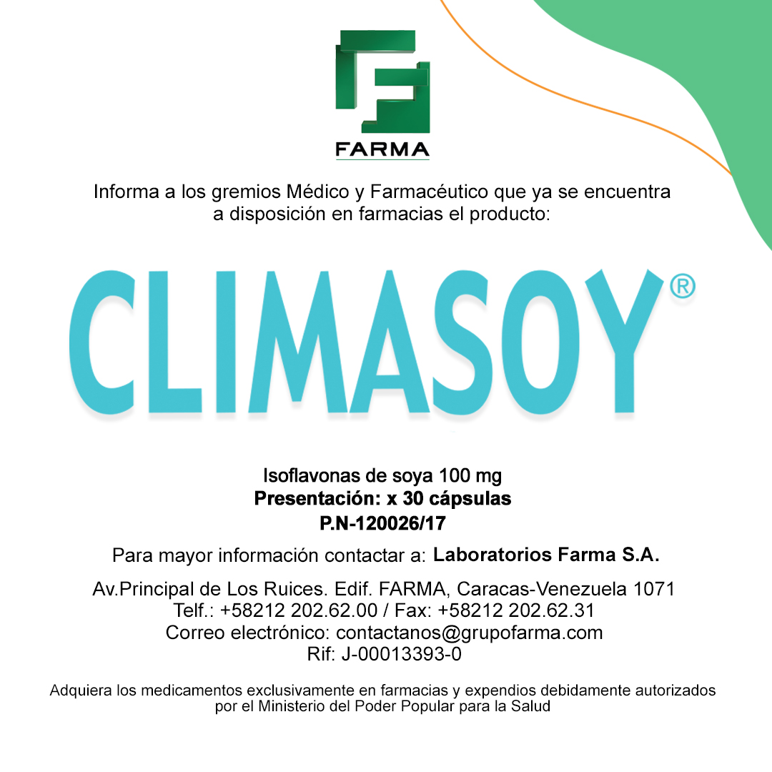 LabFarma_ve's tweet photo. Disponibilidad Climasoy® - Isoflavonas de soya 100 mg.
#Climasoy #Disponibilidad #IsoflavonasDeSoya #Venezuela #LaboratoriosFarma https://t.co/ENsNoipKSt