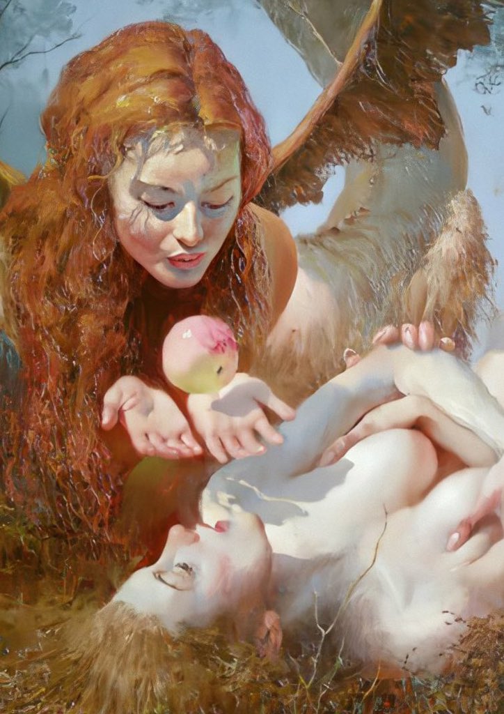 Lilith offers Adam's new wife an apple.