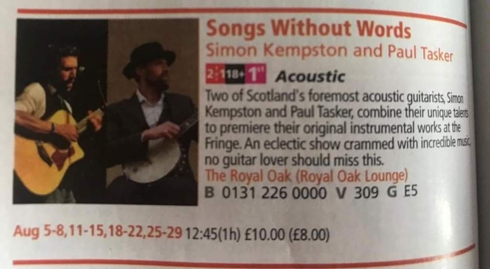 Paul Tasker (@pntasker) on Twitter photo Last show of this first run at #EdFringe2022 . It's been great fun, and if your in Edinburgh come and join myself and <a href="/SimonKempston/">Simon Kempston</a> in the #royaloak at 12.45 for more acoustic guitariness. Then we'll do it all again from Thursday
#EdinburghFringe #livemusic Last show of this first run at #EdFringe2022 . It's been great fun, and if your in Edinburgh come and join myself and <a href="/SimonKempston/">Simon Kempston</a> in the #royaloak at 12.45 for more acoustic guitariness. Then we'll do it all again from Thursday
#EdinburghFringe #livemusic