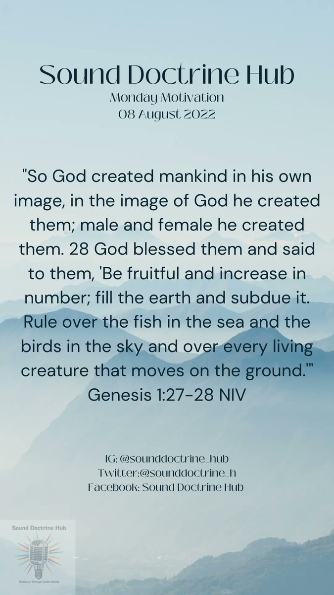 sounddoctrine_h's tweet image. Happy Monday, brethren! 

Here is this week’s  #SDHMondayMotivation from Genesis 1:27-28. 

Here is a question from us: What is up with women seeking approval from men about their equality? 

We’d love to hear your thoughts. Comment below!
Have a blessed week.!

#SoundDoctrineHub