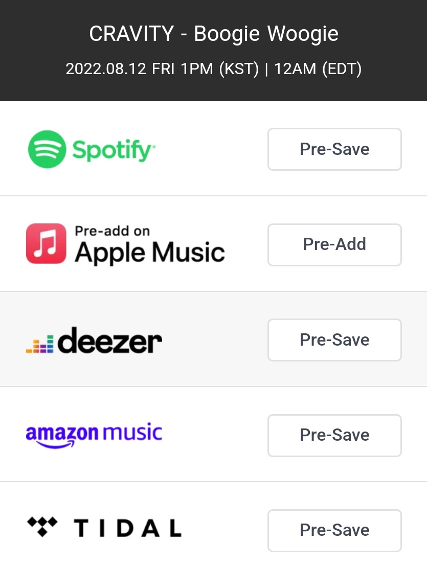 🎉TREND PARTY🎉

LUVITY! Pre-save for Boogie Woogie is already available on music platforms! Be sure to save it and let's hype it up by dropping tags!

BOOGIE WOOGIE PRESAVE NOW
#BoogieWoogie 
#NEW_WAVE_PreRelease 
@.CRAVITY_twt @.CRAVITYstarship

📎 orcd.co/boogiewoogie